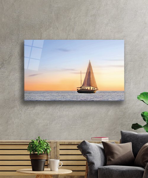 Gün Batımı Deniz Yelken Cam Tablo  4mm Dayanıklı Temperli Cam Sunset Sea Sail Glass Wall Art