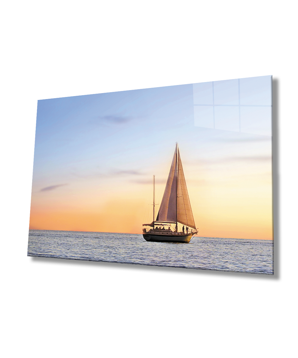 Gün Batımı Deniz Yelken Cam Tablo  4mm Dayanıklı Temperli Cam Sunset Sea Sail Glass Wall Art