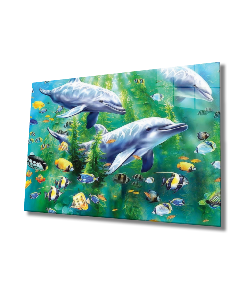 Yunus Balığı Cam Tablo 4mm Dayanıklı Temperli Cam, Dolphin Glass Wall Art