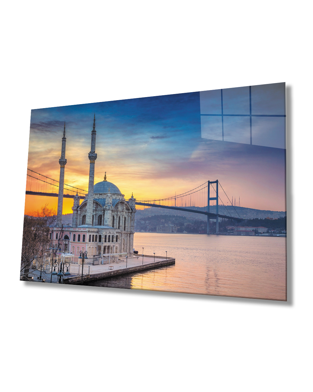 İstanbul Günbatımı Köprü Camii Cam Tablo 4mm Dayanıklı Temperli Cam