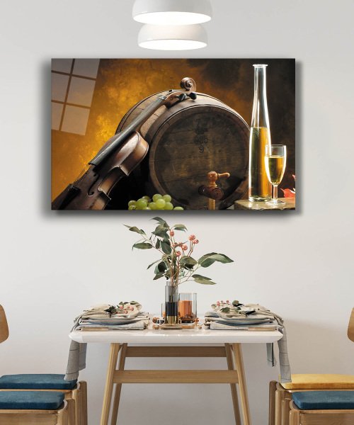 Keman Şampanya Fıçı Cam Tablo  4mm Dayanıklı Temperli Cam Violin Champagne Barrel Glass Wall Art