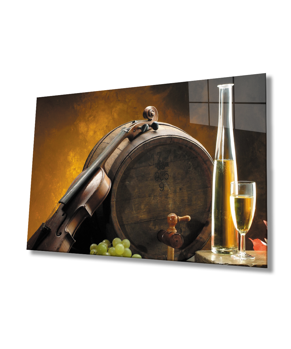 Keman Şampanya Fıçı Cam Tablo  4mm Dayanıklı Temperli Cam Violin Champagne Barrel Glass Wall Art