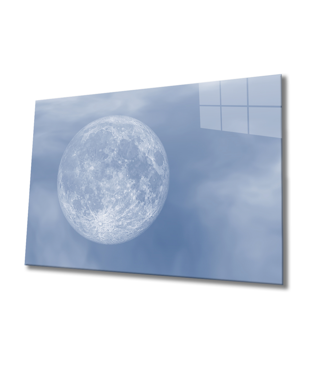 Mavi Gökyüzü ve Yakın Çekim Ay 4mm Dayanıklı Cam Tablo Temperli Cam,Blue Sky and Close-up Moon Glass Wall Art