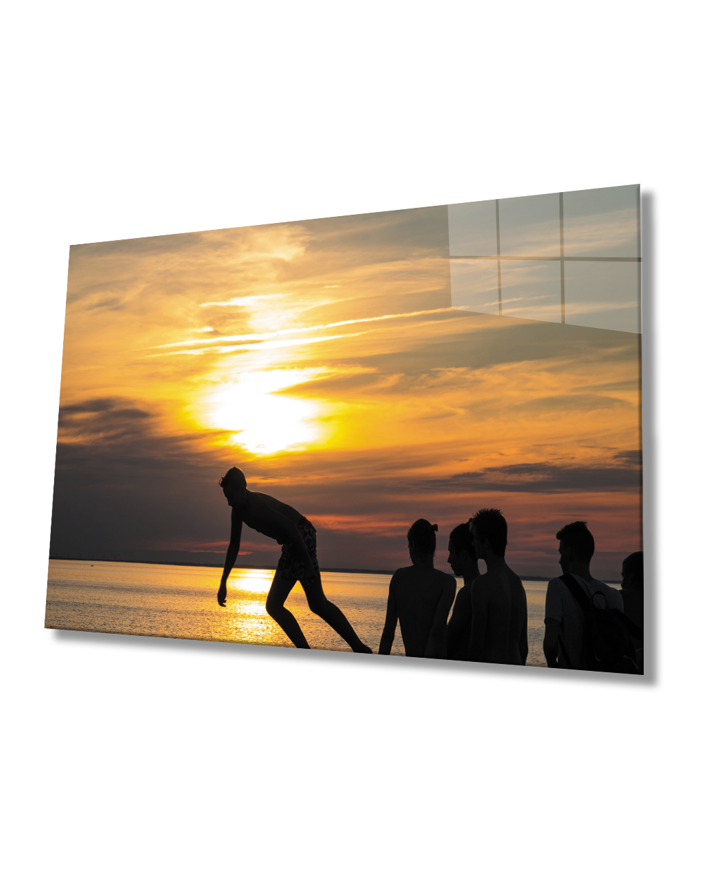 Gün Batımında Denize Giren İnsanlar Cam Tablo  4mm Dayanıklı Temperli Cam People Swimming at Sunset Glass Table 4mm Durable Tempered Glass