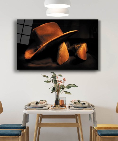 Kovboy Şapkası Kovboy  Ayakkabısı Cam Tablo  4mm Dayanıklı Temperli Cam Cowboy Hat Cowboy Shoes Glass Wall Art