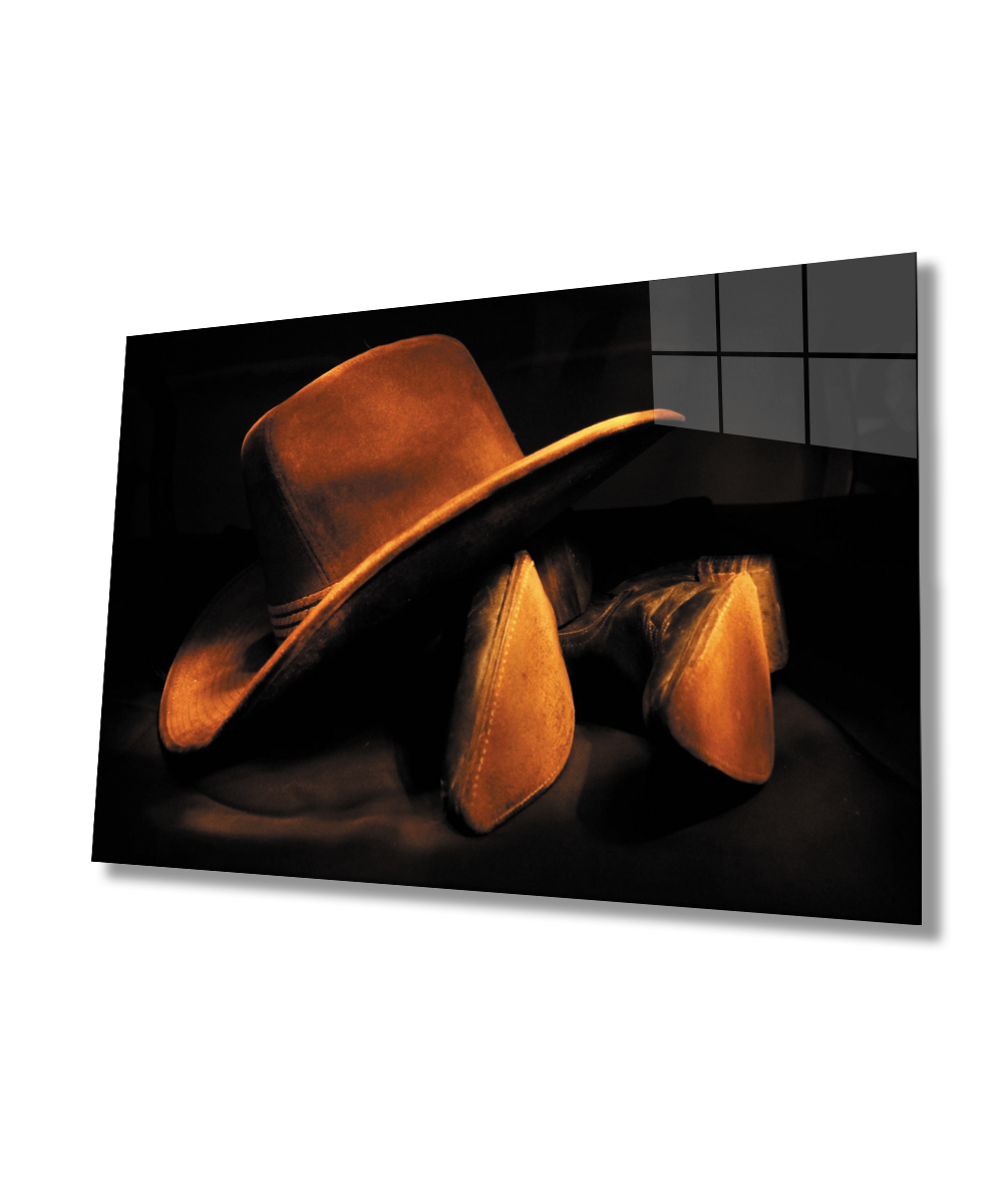Kovboy Şapkası Kovboy  Ayakkabısı Cam Tablo  4mm Dayanıklı Temperli Cam Cowboy Hat Cowboy Shoes Glass Wall Art