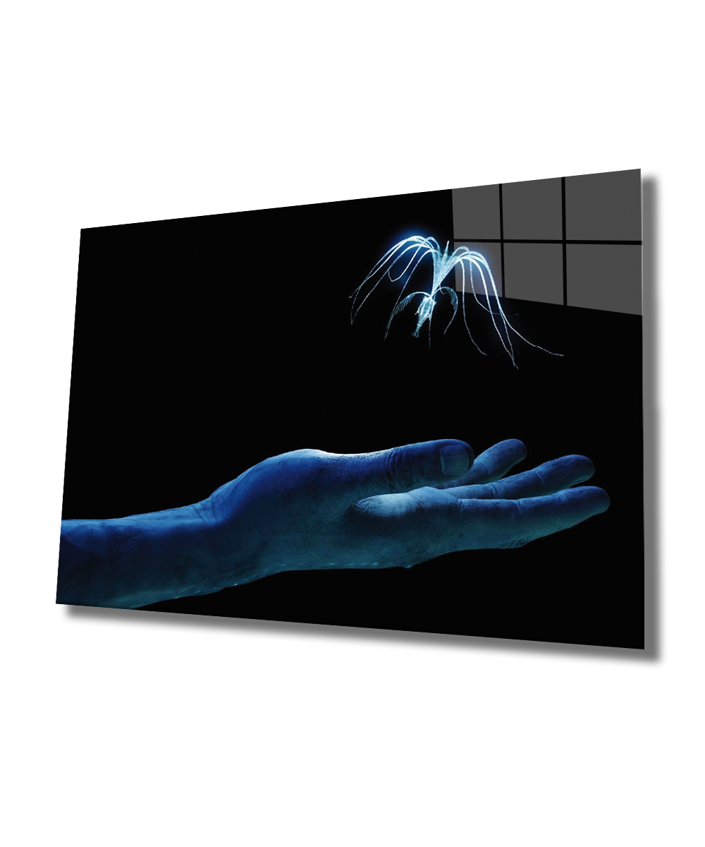 Mavi El Cam Tablo  4mm Dayanıklı Temperli Cam, Blue Hand Glass Wall Art