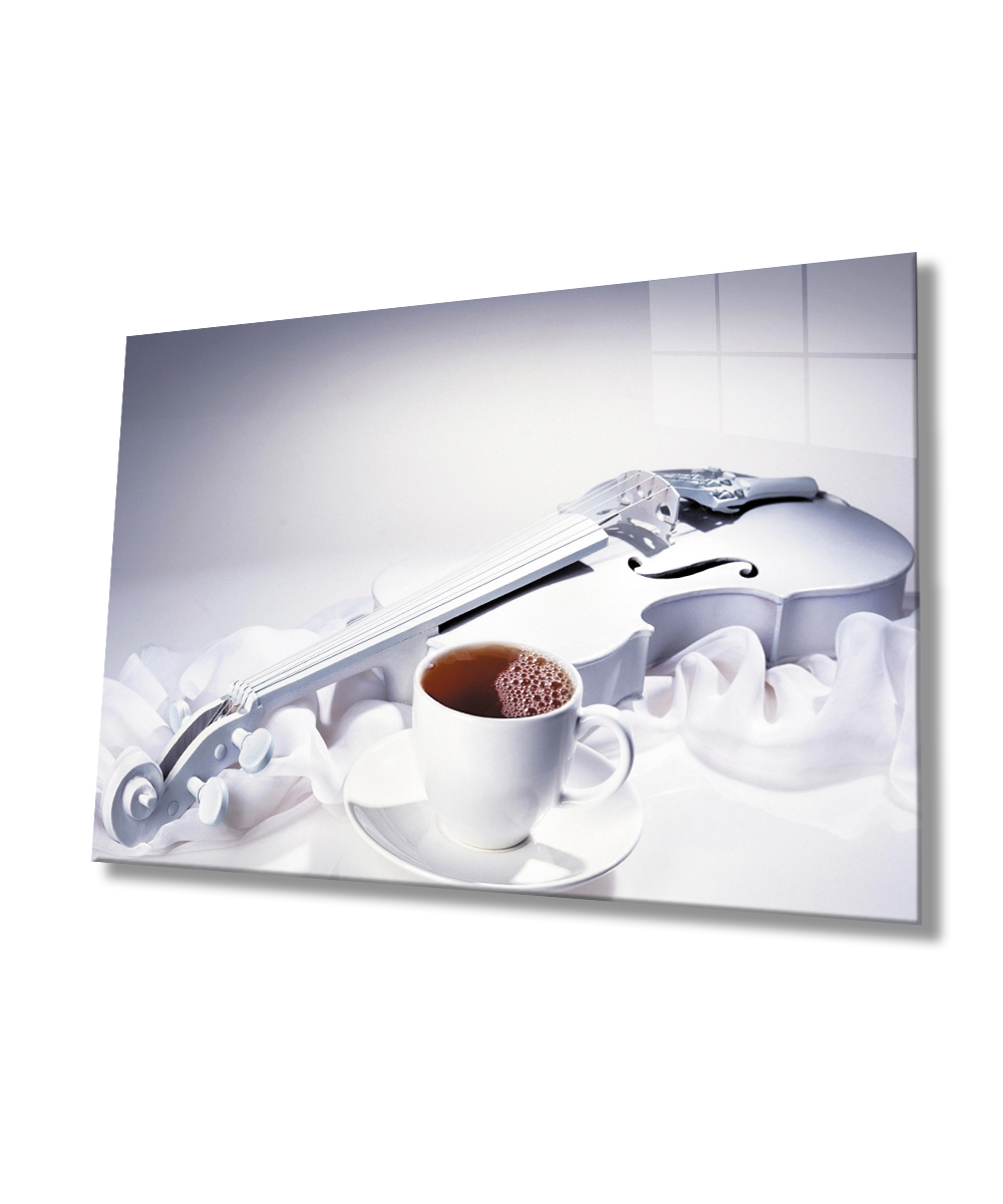 Müzik Çay Keman Mutfak Natürmort Cam Tablo  4mm Dayanıklı Temperli Cam Music Tea Violin Kitchen Still Life Glass Wall Art