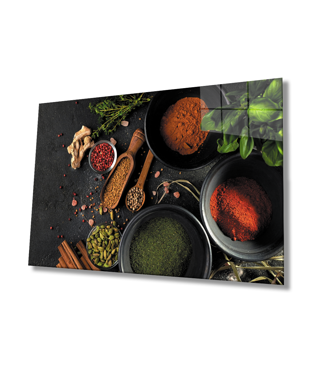 Baharat Mutfak Natürmort Cam Tablo  4mm Dayanıklı Temperli Cam Spices Kitchen Still Life Glass Wall Art