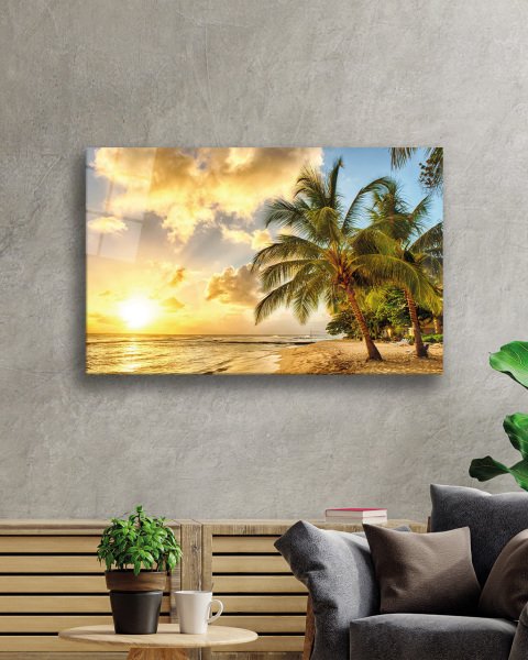 Gün Batımı Deniz Palmiye Manzara Cam Tablo  4mm Dayanıklı Temperli Cam Sunset Sea Palm Landscape Glass Painting 4mm Durable Tempered Glass