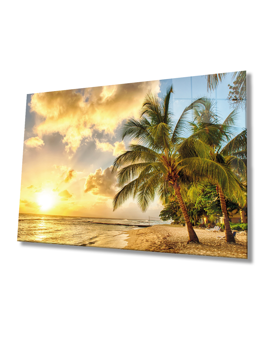 Gün Batımı Deniz Palmiye Manzara Cam Tablo  4mm Dayanıklı Temperli Cam Sunset Sea Palm Landscape Glass Painting 4mm Durable Tempered Glass