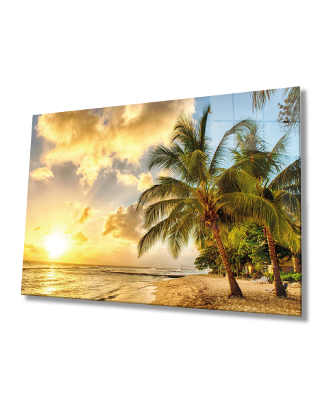 Gün Batımı Deniz Palmiye Manzara Cam Tablo  4mm Dayanıklı Temperli Cam Sunset Sea Palm Landscape Glass Painting 4mm Durable Tempered Glass