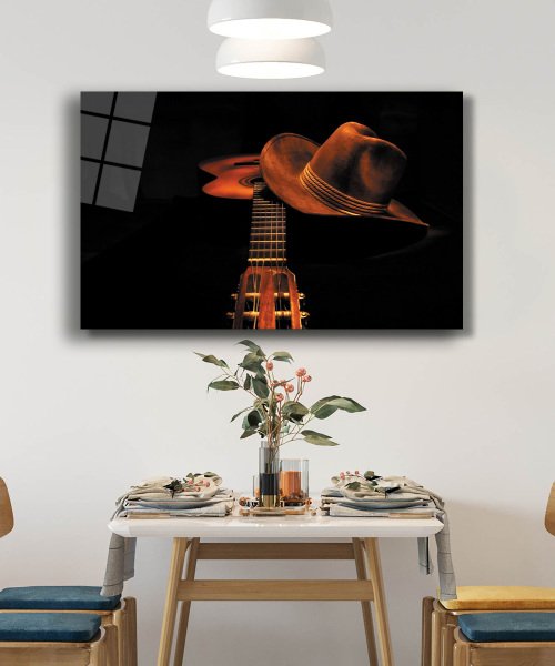 Fötr Gitar Cam Tablo  4mm Dayanıklı Temperli Cam  Fedora Guitar Glass Wall Art