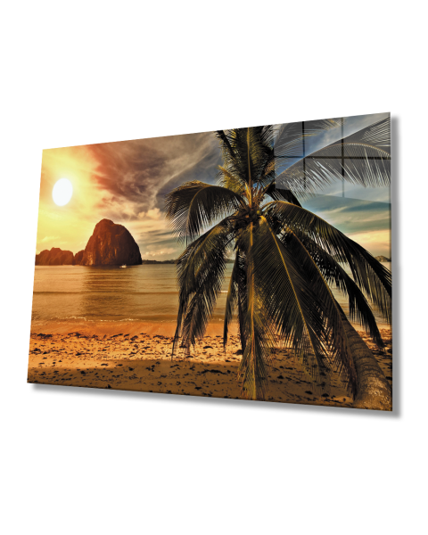 Gün Batımı Deniz Palmiye Manzara Cam Tablo  4mm Dayanıklı Temperli Cam Sunset Sea Palm Landscape Glass Painting 4mm Durable Tempered Glass