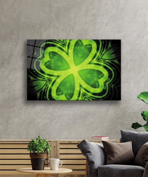 Yeşil Siyah Dört yapraklı yonca  Cam Tablo  4mm Dayanıklı Temperli Cam Green Black Four leaf clover Glass Wall Art