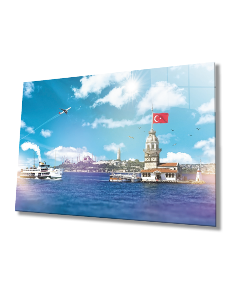 İstanbul Kız Kulesi Türk Bayrağı ve DenizCam Tablo 4mm Dayanıklı Temperli Cam