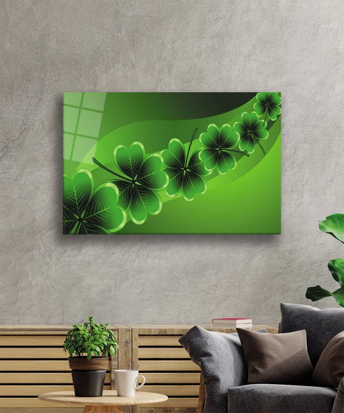 Yeşil Dört Yapraklı Yonca Cam Tablo  4mm Dayanıklı Temperli Cam Green Four Leaf Clover Glass Wall Art