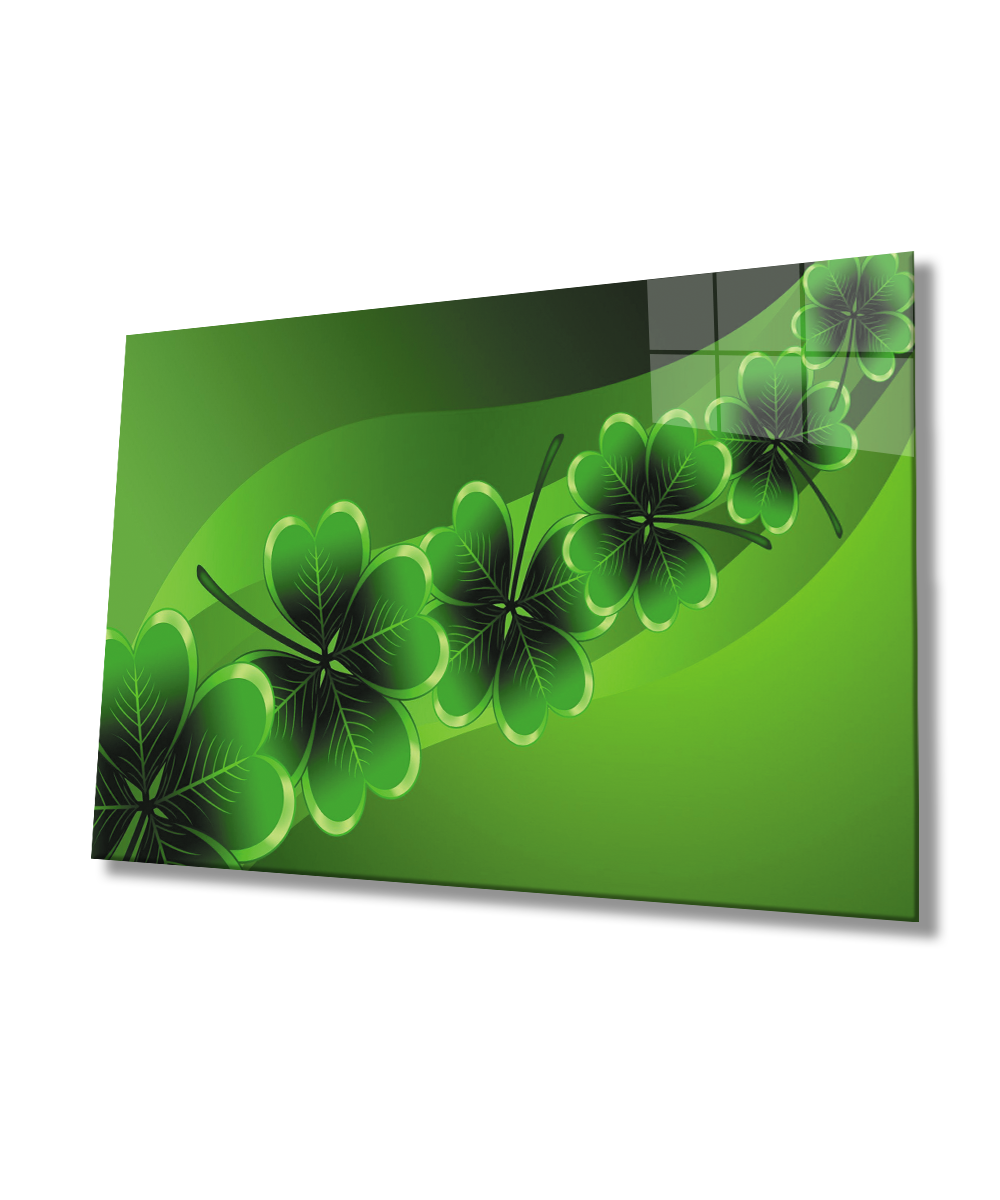 Yeşil Dört Yapraklı Yonca Cam Tablo  4mm Dayanıklı Temperli Cam Green Four Leaf Clover Glass Wall Art