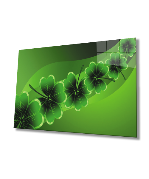 Yeşil Dört Yapraklı Yonca Cam Tablo  4mm Dayanıklı Temperli Cam Green Four Leaf Clover Glass Wall Art