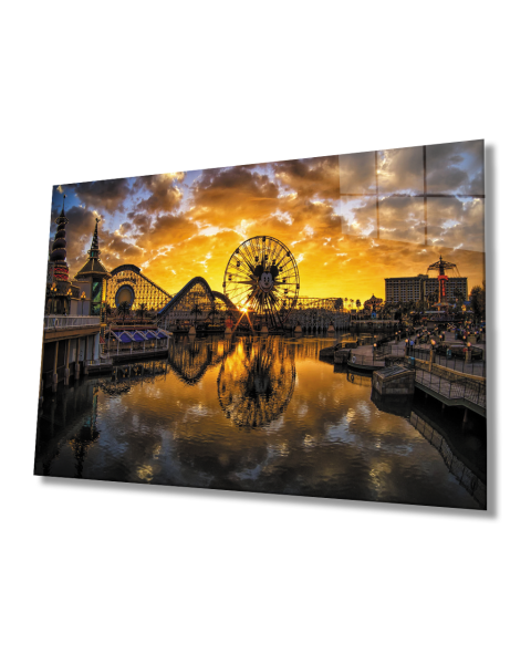 Gün Batımı Şehir Lunapark Manzaralı Cam Tablo  4mm Dayanıklı Temperli Cam Sunset City Amusement Park View Glass Table 4mm Durable Tempered Glass