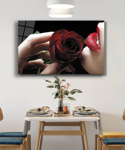 Kırmızı Gül ve Kadın Cam Tablo  4mm Dayanıklı Temperli Cam Red Rose and Woman Glass Table 4mm Durable Tempered Glass