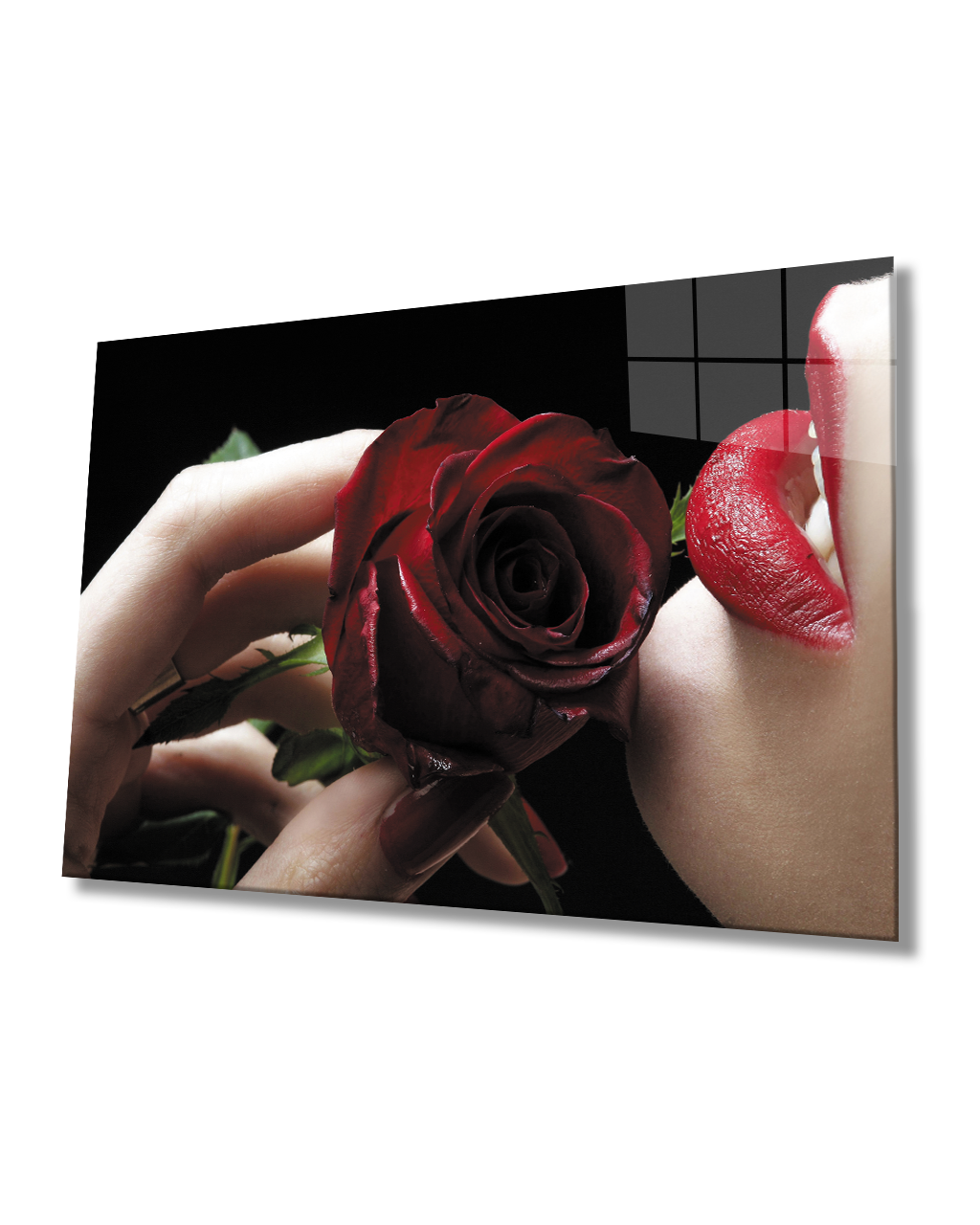 Kırmızı Gül ve Kadın Cam Tablo  4mm Dayanıklı Temperli Cam Red Rose and Woman Glass Table 4mm Durable Tempered Glass