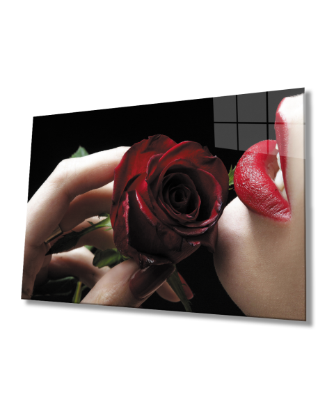 Kırmızı Gül ve Kadın Cam Tablo  4mm Dayanıklı Temperli Cam Red Rose and Woman Glass Table 4mm Durable Tempered Glass