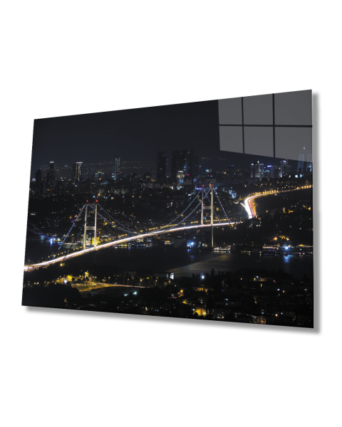 İstanbul Gece Boğaz Köprüsü Manzarası Cam Tablo 4mm Dayanıklı Temperli Cam