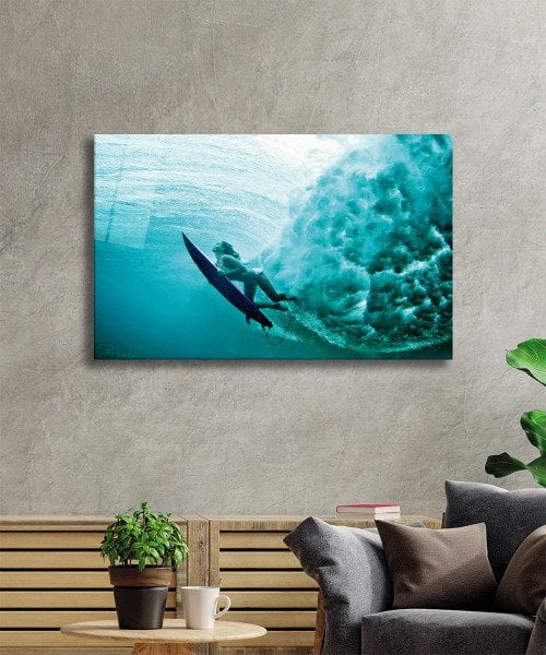 Deniz Sörfü Cam Tablo  4mm Dayanıklı Temperli Cam, Sea Surfing Glass Wall Art