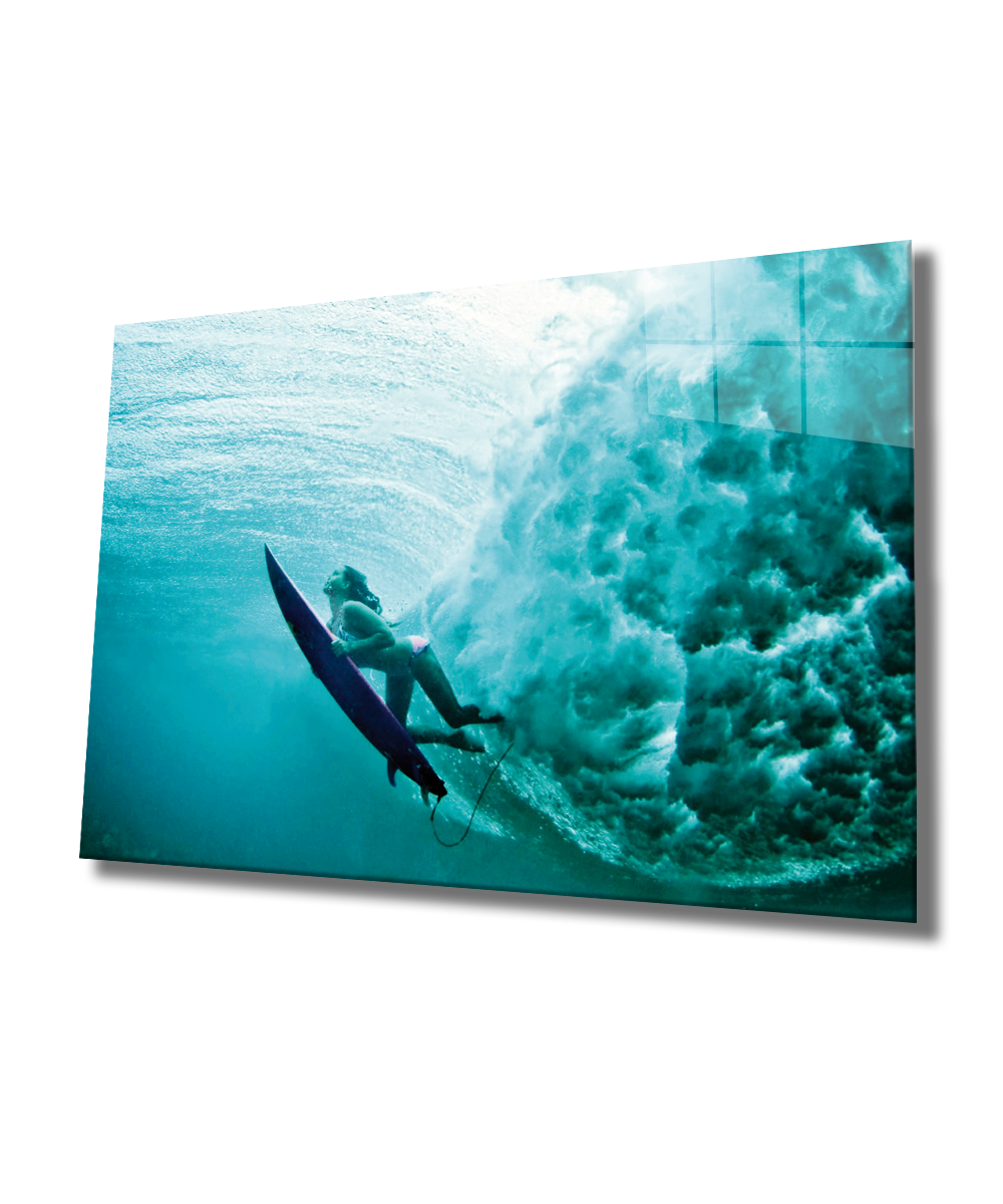 Deniz Sörfü Cam Tablo  4mm Dayanıklı Temperli Cam, Sea Surfing Glass Wall Art