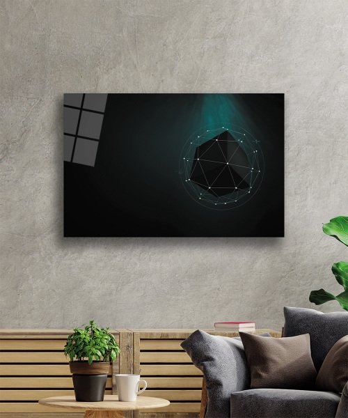 Siyah Yeşil Küp Bilim Cam Tablo  4mm Dayanıklı Temperli Cam Black Green Cube Science Glass Wall Art