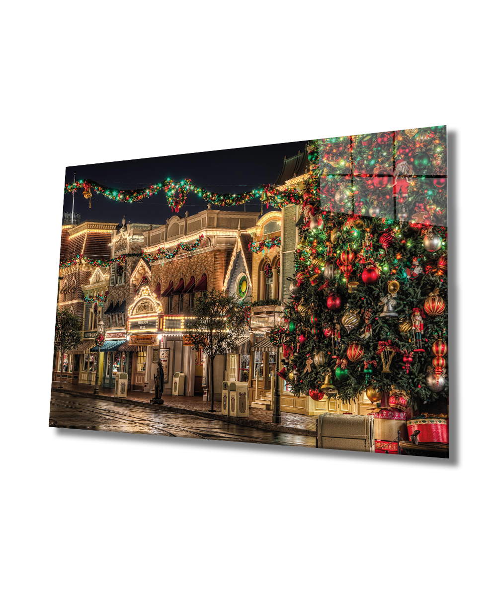Noel Sokağı Cam Tablo  4mm Dayanıklı Temperli Cam, Christmis Streets Glass Wall Decor