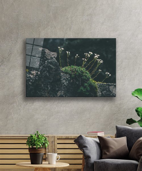 Manzara Çiçek  Yeşil Cam Tablo  4mm Dayanıklı Temperli Cam Landscape Flower Green Glass Wall Art