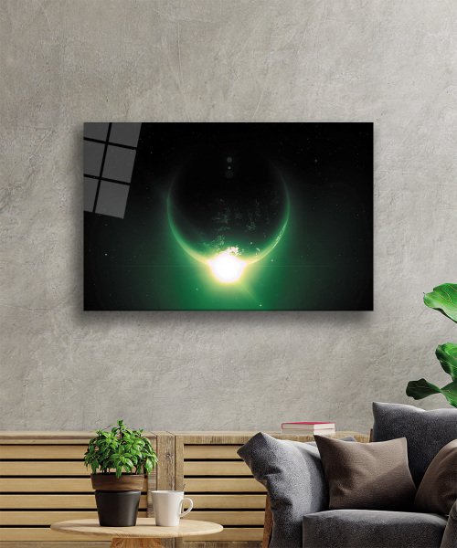 Evren Neon Yeşil Işık Küre  Cam Tablo  4mm Dayanıklı Temperli Cam Universe Neon Green Light Sphere Glass Wall Art