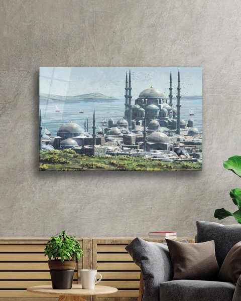 idealizbiz Sulu Boya İstanbul Camii Cam Tablo 4mm Dayanıklı Temperli Cam