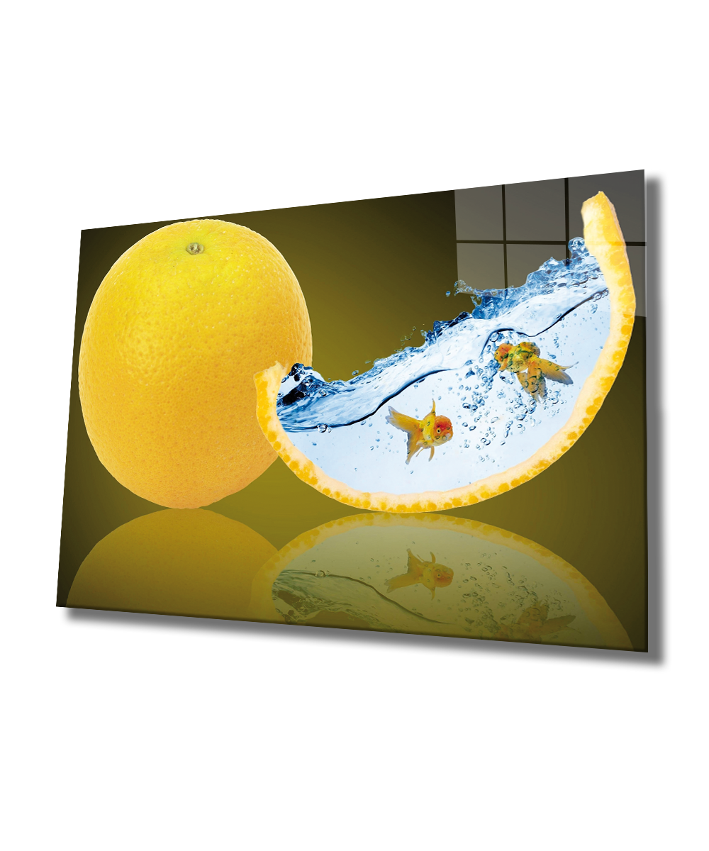 Limon ve Balık Fütüristik Cam Tablo  4mm Dayanıklı Temperli Cam, Limon and Fish Futuristic Glass Wall Decor