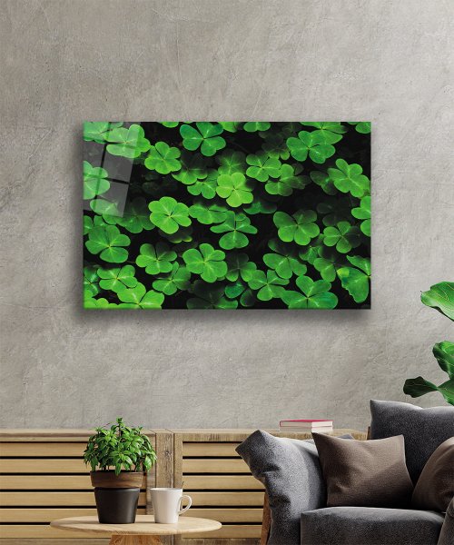 Yeşil Yonca  Cam Tablo  4mm Dayanıklı Temperli Cam Green Clover Glass Wall Art