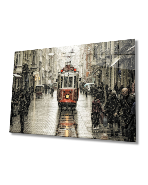 İstanbul İstiklal Caddesi Tramvay Kış Manzaralı  Cam Tablo 4mm Dayanıklı Temperli Cam