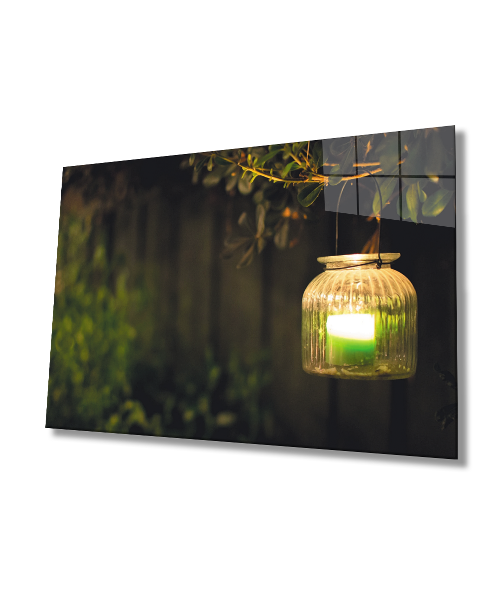 Yeşil Mum Işığı  Ağaç Cam Tablo  4mm Dayanıklı Temperli Cam  Green Candlelight Tree Glass Wall Art