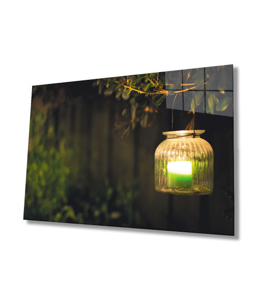 Yeşil Mum Işığı  Ağaç Cam Tablo  4mm Dayanıklı Temperli Cam  Green Candlelight Tree Glass Wall Art