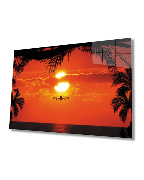 Gün Batımında Uçak Cam Tablo  4mm Dayanıklı Temperli Cam Aircraft Glass Table 4mm Durable Tempered Glass At Sunset