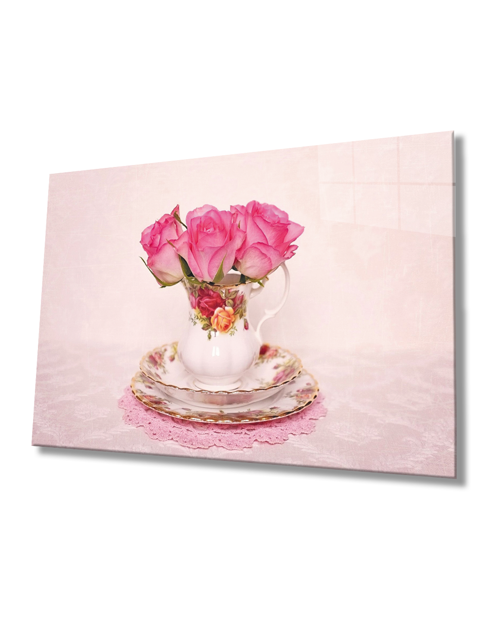 Fincanda Pembe Güller  Cam Tablo  4mm Dayanıklı Temperli Cam Pink Roses in Cup Glass Table 4mm Durable Tempered Glass