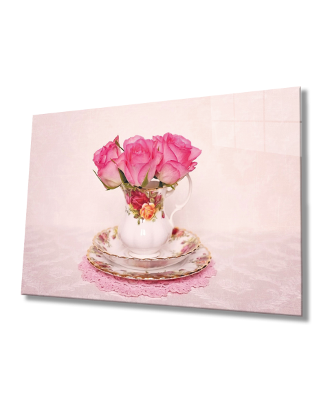 Fincanda Pembe Güller  Cam Tablo  4mm Dayanıklı Temperli Cam Pink Roses in Cup Glass Table 4mm Durable Tempered Glass