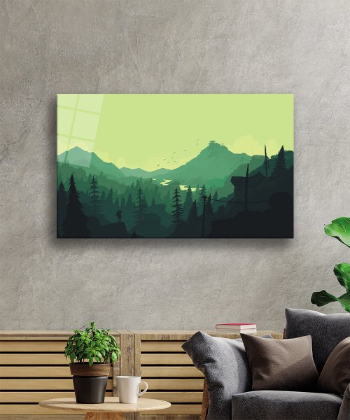 Yeşil İllüstrasyon Dağ Cam Tablo  4mm Dayanıklı Temperli Cam Green Illustration Mountain Glass Wall Art