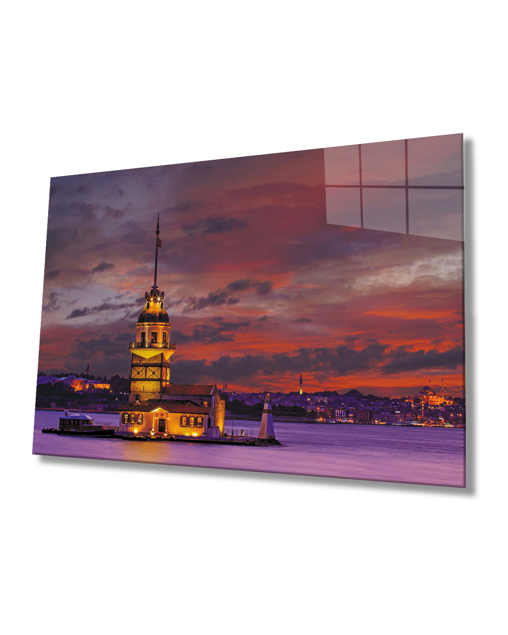 Kızıl Gökyüzü Kız Kulesi Manzaralı  Cam Tablo 4mm Dayanıklı Temperli Cam