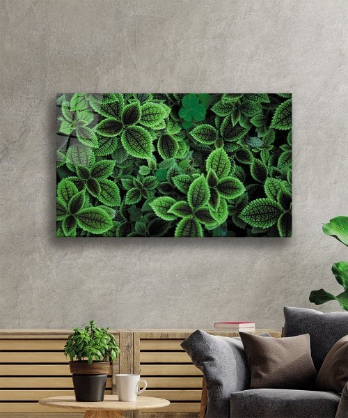 Yeşil Yapraklar  Cam Tablo  4mm Dayanıklı Temperli Cam Green Leaves Glas Wall Art
