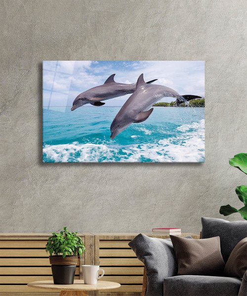 Yunus Balıkları Cam Tablo  4mm Dayanıklı Temperli Cam, Dolphins Glass Wall Art