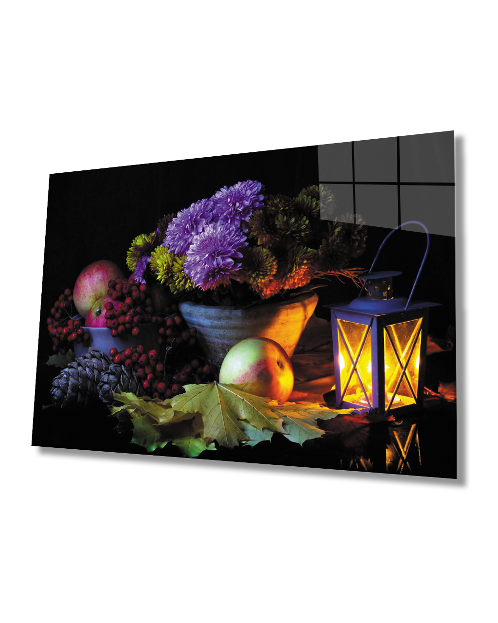 Renkli Çiçekler Mum Natürmort Cam Tablo  4mm Dayanıklı Temperli Cam Colorful Flowers Candle Still Life Glass Painting 4mm Durable Tempered Glass