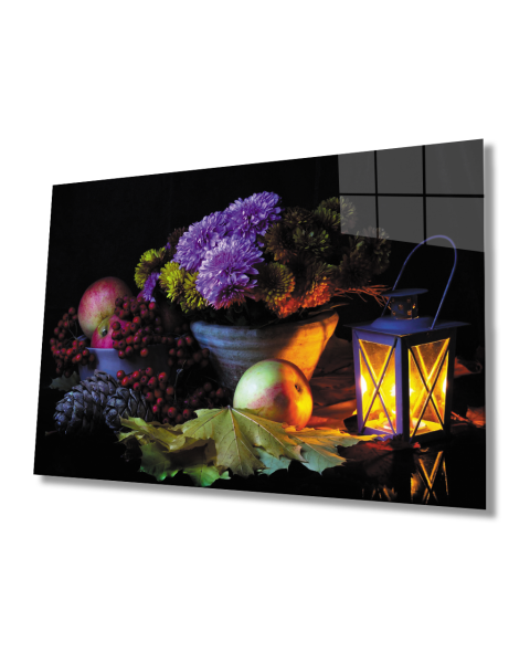 Renkli Çiçekler Mum Natürmort Cam Tablo  4mm Dayanıklı Temperli Cam Colorful Flowers Candle Still Life Glass Painting 4mm Durable Tempered Glass