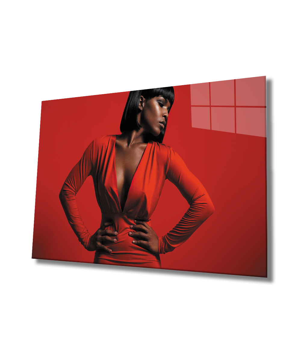Kadınlar Siyahi Kırmızılı Güzellik Cam Tablo  4mm Dayanıklı Temperli Cam, Women Black Red Beauty Glass Wall Art